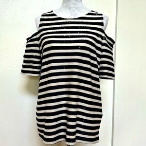 Chico’s Navy & White Sequin Striped Cold-Shoulder Top